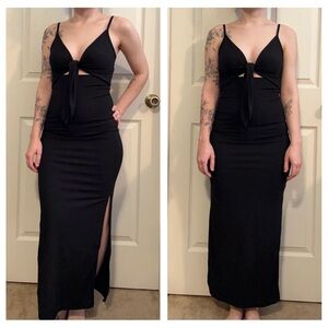 Black Ribbed Bodycon Stretchy Tie Front Maxi Dress Size XS